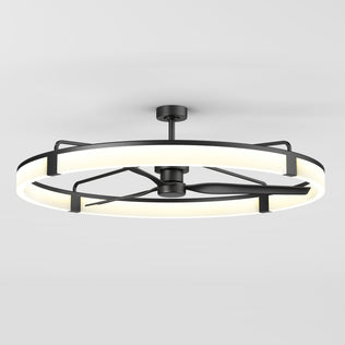 Artika Sunnyvale 52 in. LED ceiling fan features a black frame, geometric supports, remote control, and circular light on a white ceiling.