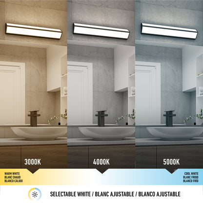 The Artika Preston LED modern bathroom vanity light features three selectable color temperatures—warm white (3000K), neutral white (4000K), and cool white (5000K)—for customizable lighting above your mirror.