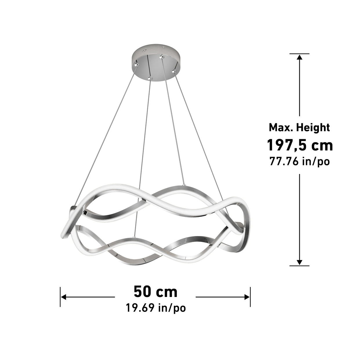 Modern pendant light with a wavy, intertwined design, suspended by four cables from a round ceiling mount. The light is 50 cm wide and can hang up to a maximum height of 197.5 cm.