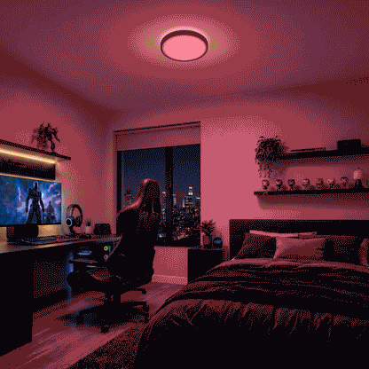 A gaming room with a PC, monitor, chair, city view, and pink lighting from Artika’s Isara 12 in. RGBIC LED Flush Mount.
