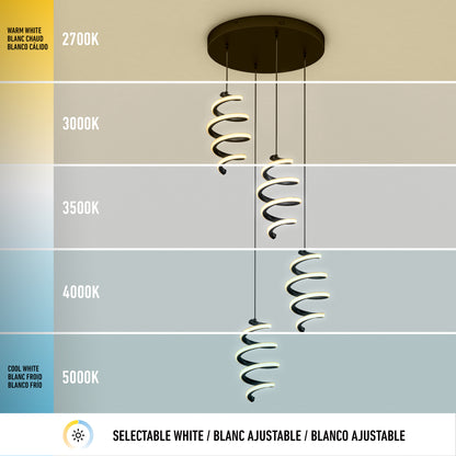 The Artika Chorus 4 light LED pendant 5 CCT hangs from the ceiling, displaying five selectable white color temperatures from warm 2700K to cool 5000K for customizable lighting.