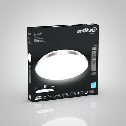 A black box for the Artika Europa 21 in. LED modern flush mount light with remote shows a round fixture, highlights its 2550 lumens, 50,000-hour lifespan, and adjustable color temperature features.
