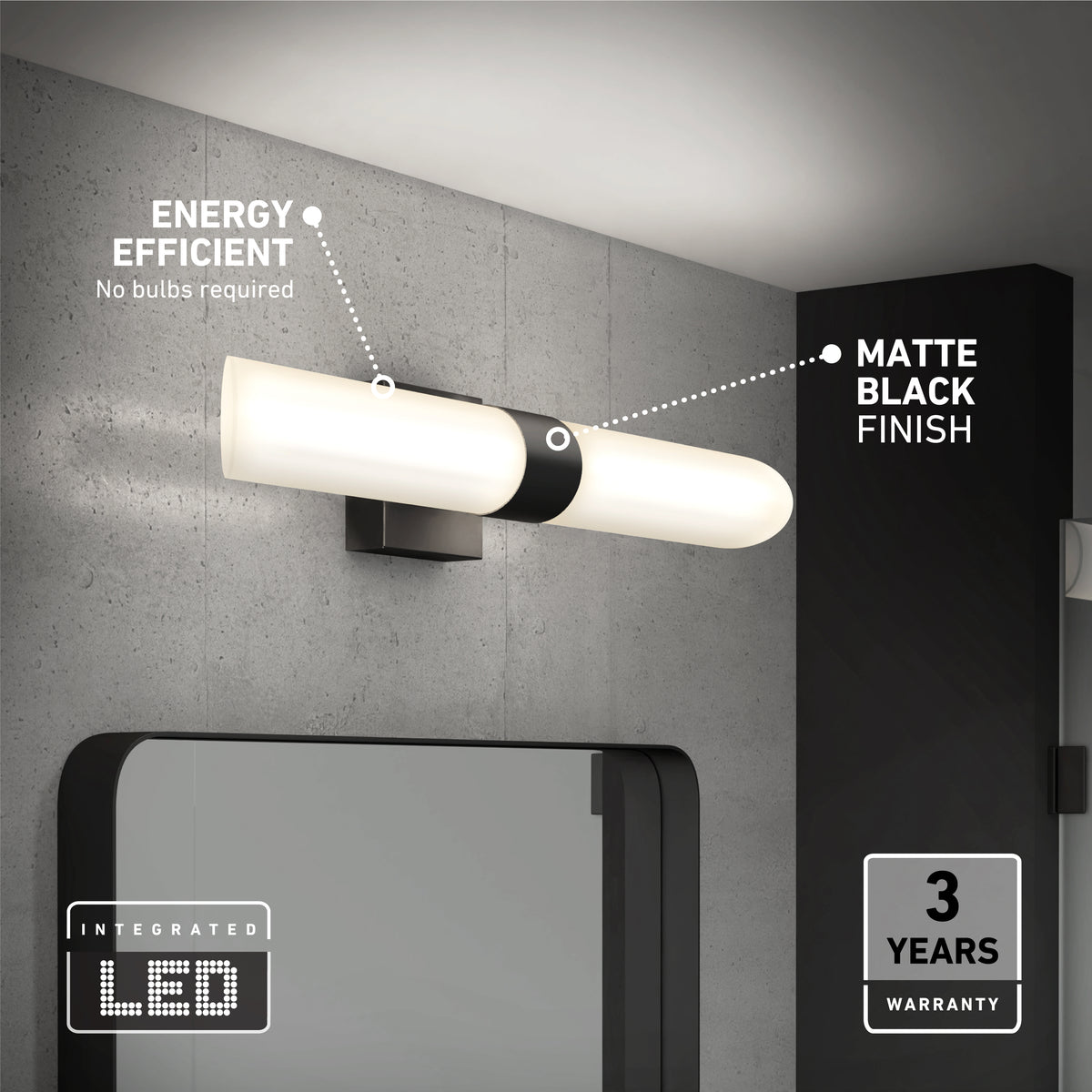 A modern wall-mounted LED light fixture with a matte black finish is installed above a mirror on a gray wall. Text highlights its energy efficiency, matte black finish, integrated LED, and 3-year warranty.