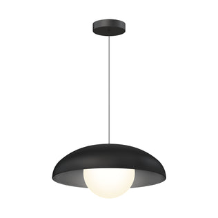 The Artika Boden LED modern mid-century pendant light features a black dome-shaped shade, round white bulb, and hangs from a thin cord with a circular ceiling mount.