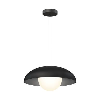 The Artika Boden LED modern mid-century pendant light features a black dome-shaped shade, round white bulb, and hangs from a thin cord with a circular ceiling mount.