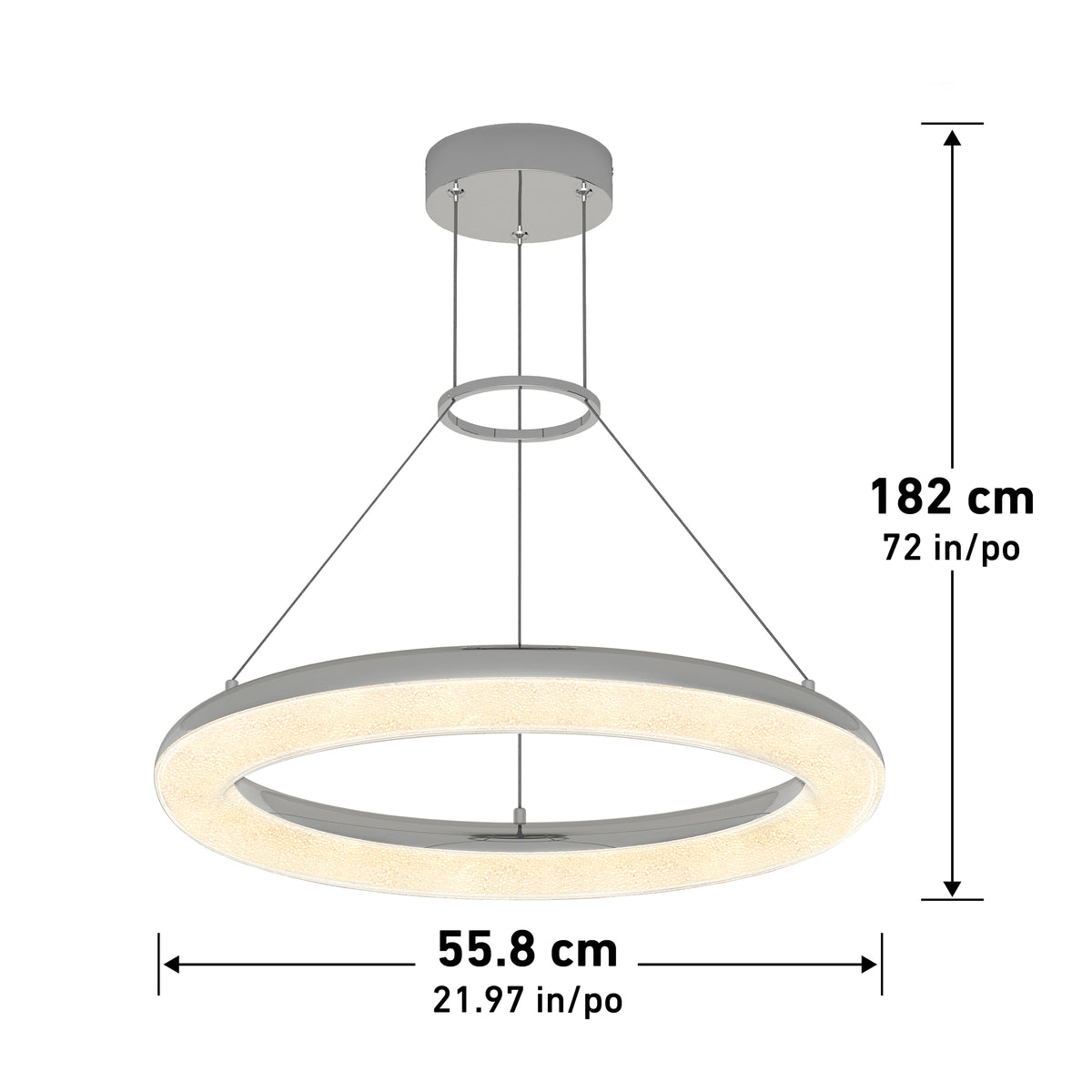 The Artika Famous Optical LED pendant light 5 CCT features a modern circular design with a glowing LED ring, suspended by three cables. It measures 55.8 cm (21.97 in) in diameter and hangs 182 cm (72 in) from the ceiling.