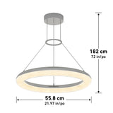 Modern circular pendant light with a glowing ring, suspended by three cables from a ceiling mount. The diameter is 55.8 cm (21.97 in) and the height from ceiling to base is 182 cm (72 in).