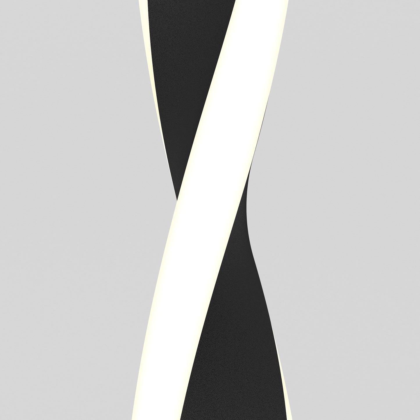 The Artika Finley modern LED pendant light 5 CCT features a black and white twisted ribbon-like design on a plain light gray background, offering a minimalist and abstract look.