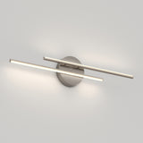 A modern wall light fixture with two long, slim, horizontal LED bars attached to a round metallic base, mounted on a plain white wall, emitting soft white light.