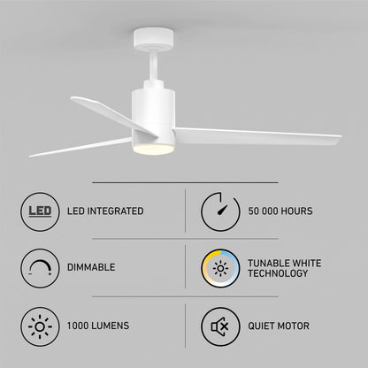 Artika Ellison 52 in. LED ceiling fandelier: remote, dimmable 1000 lm tunable light, quiet motor, 50,000-hour life. Icons display features.