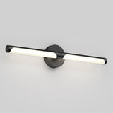 A modern wall-mounted LED light fixture with a horizontal cylindrical design and a matte black base, emitting soft white light against a plain gray background.