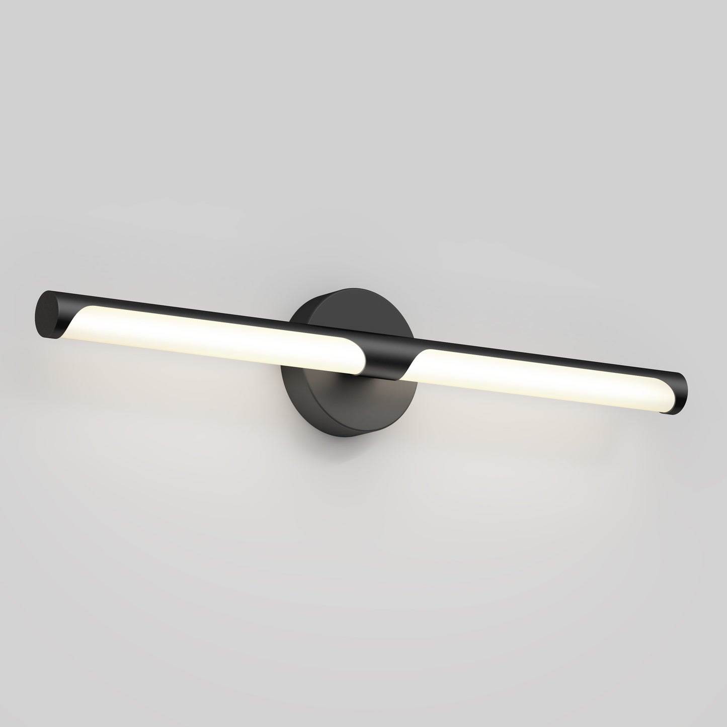 The Artika Ilona 27-in Integrated LED Vanity Light Bar features a sleek black base and cylindrical white light bar with adjustable color temperatures, perfect as a modern bathroom mirror light on a plain light gray background.