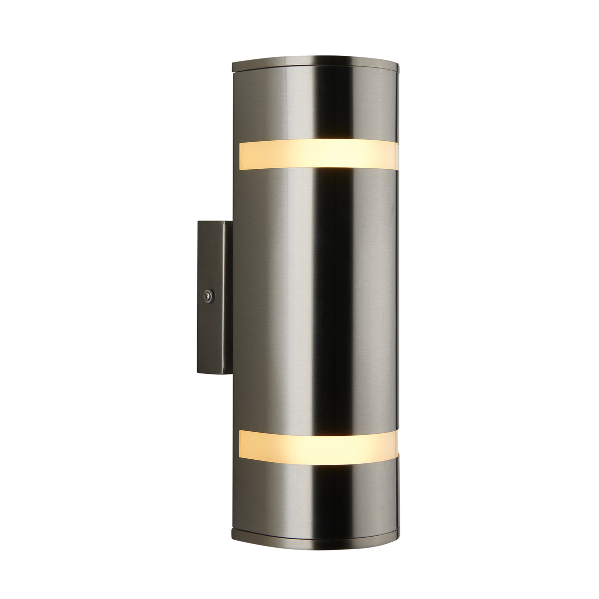 A modern stainless steel wall sconce with a cylindrical shape, featuring two horizontal frosted bands emitting soft light near the top and bottom. The fixture is mounted vertically on a rectangular wall bracket.