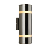 A modern stainless steel wall sconce with a cylindrical shape, featuring two horizontal frosted bands emitting soft light near the top and bottom. The fixture is mounted vertically on a rectangular wall bracket.