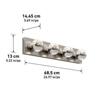 Artika Oracle 4 light LED bathroom vanity, dimmable with glass globes; 68.5x14.45x13 cm—perfect for bathrooms.