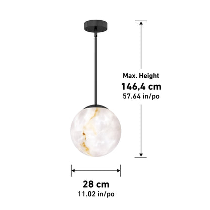 The Artika Selena LED contemporary pendant light features a round white and gold marbled shade, black rod, and ceiling mount. Max height: 146.4 cm (57.64 in), shade diameter: 28 cm (11.02 in), with 3 CCT lighting options.