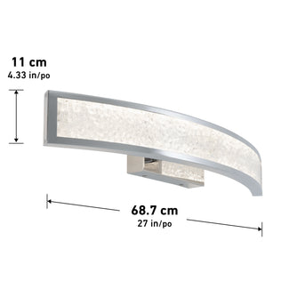 The Artika Glitter 27-in (69 cm) Integrated LED Vanity Light Bar for Bathroom features a modern, curved design with a textured frosted panel and metallic frame. Shown with labeled arrows indicating its dimensions: 11 cm tall and 69 cm wide.