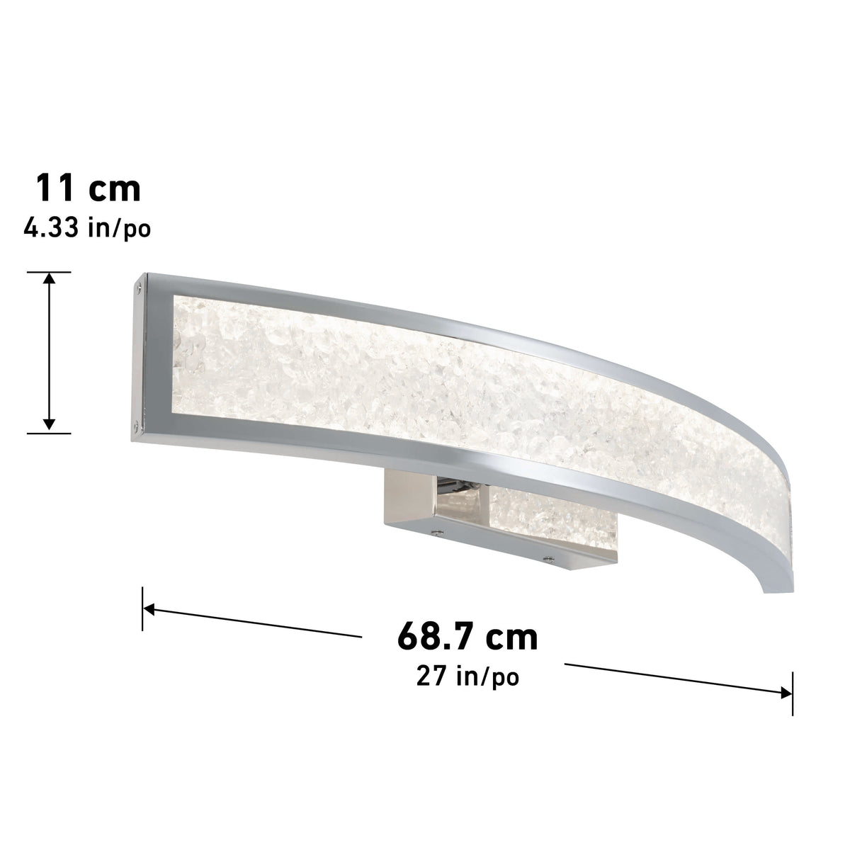 Curved wall light fixture with a frosted, textured panel and chrome finish. The dimensions are shown: 11 cm (4.33 in) tall and 68.7 cm (27 in) wide.