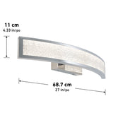 Curved wall light fixture with a frosted, textured panel and chrome finish. The dimensions are shown: 11 cm (4.33 in) tall and 68.7 cm (27 in) wide.