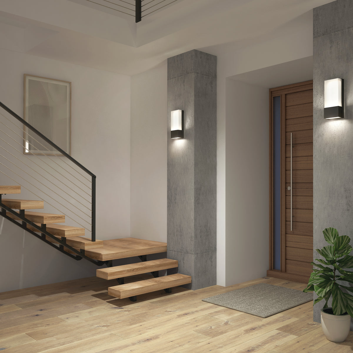 Modern entryway with floating wooden stairs, concrete pillars featuring the Artika Dixon indoor-outdoor LED wall light, a wooden front door, framed wall art, a small corner plant, and light wood flooring.