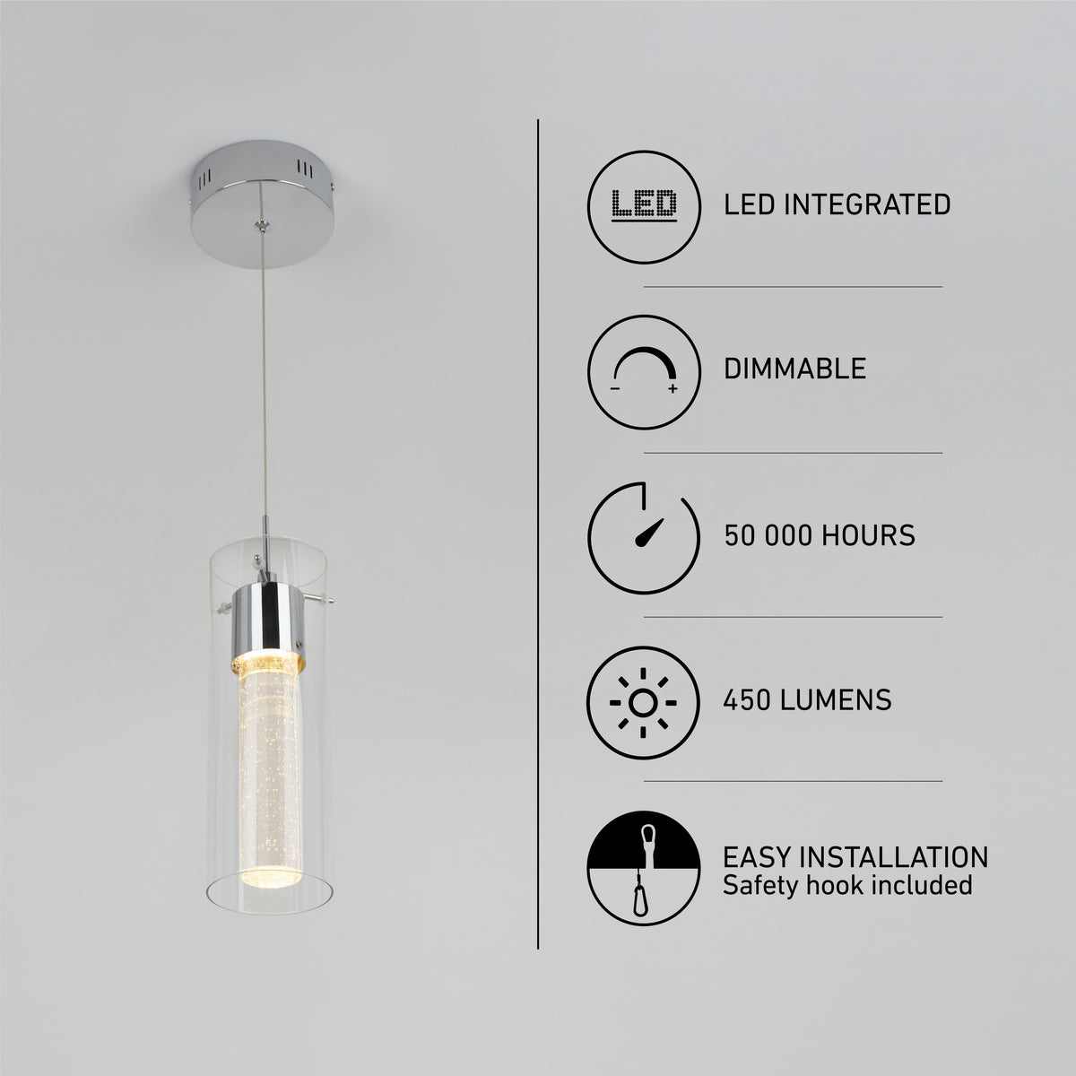 A modern hanging pendant light with cylindrical glass shade and metal accents. Text on the right lists features: LED integrated, dimmable, 50,000 hours, 450 lumens, and easy installation with a safety hook included.