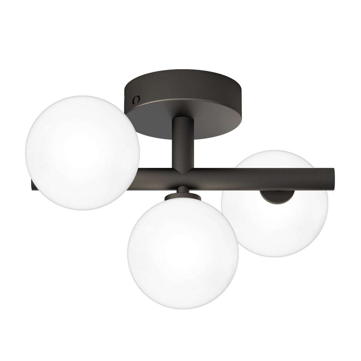 Modern ceiling light fixture with three frosted glass globe bulbs attached to a black metal mount and horizontal bar.