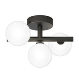 Modern ceiling light fixture with three frosted glass globe bulbs attached to a black metal mount and horizontal bar.