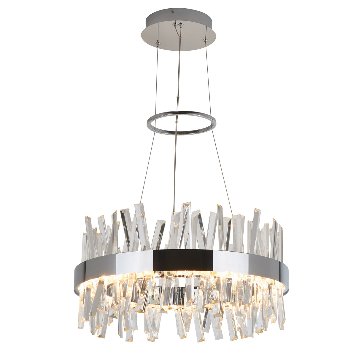 A modern chandelier with a circular metal frame and hanging clear crystal-like glass pieces, suspended by wires from a round ceiling mount. The lights inside illuminate the crystals, creating a sparkling effect.