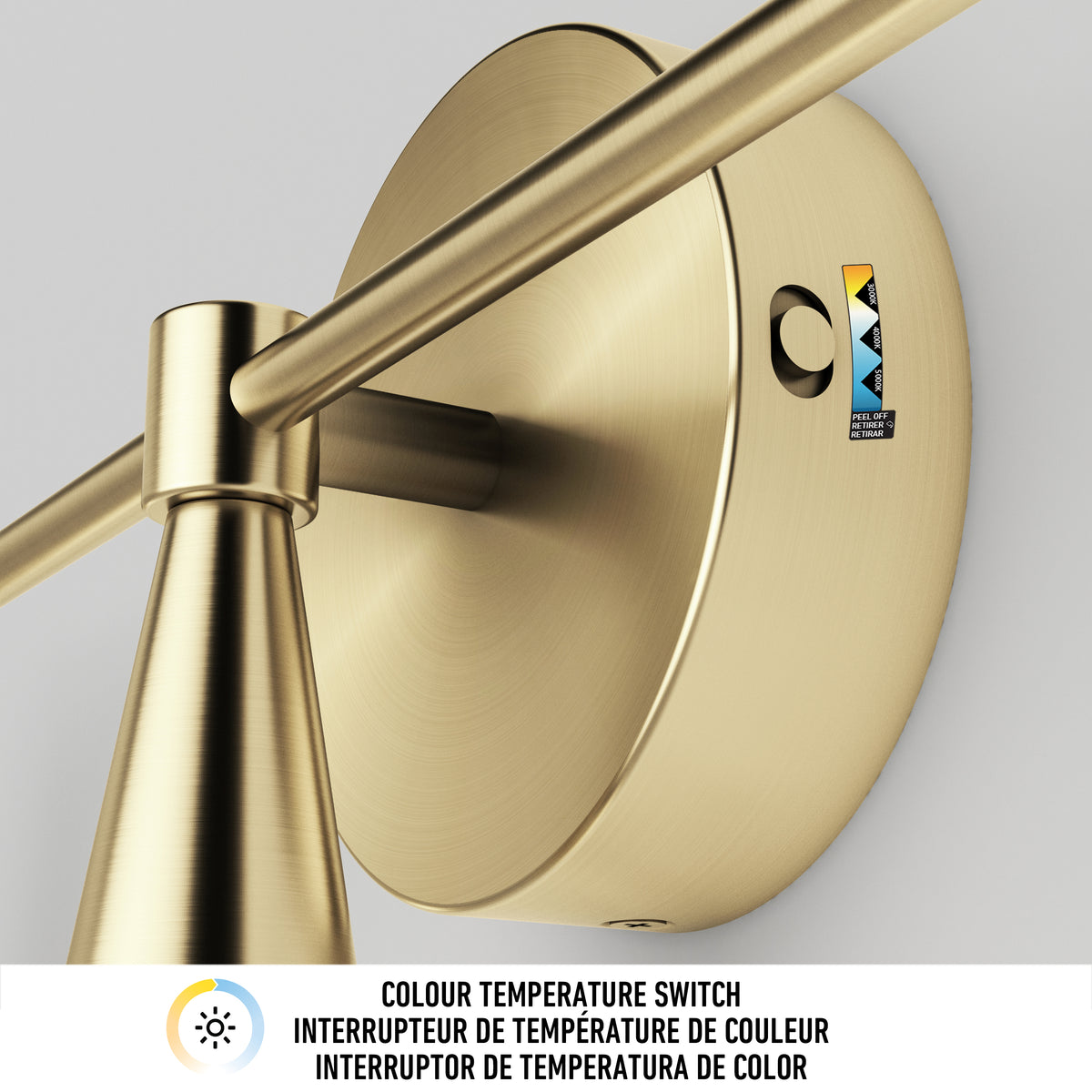 Close-up of Artika's Wayden LED mid-century vanity light showing the 3 CCT switch with icon and multilingual label.