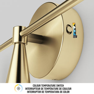 Close-up of Artika's Wayden LED mid-century vanity light showing the 3 CCT switch with icon and multilingual label.