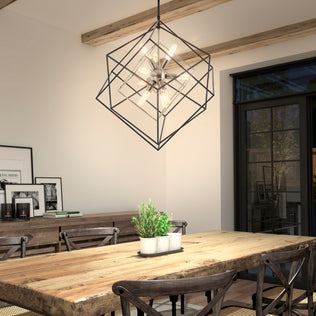 Modern dining room with a wooden table, potted plant centerpiece, and Artika’s Imperium 9-light chandelier as the stunning focal point.