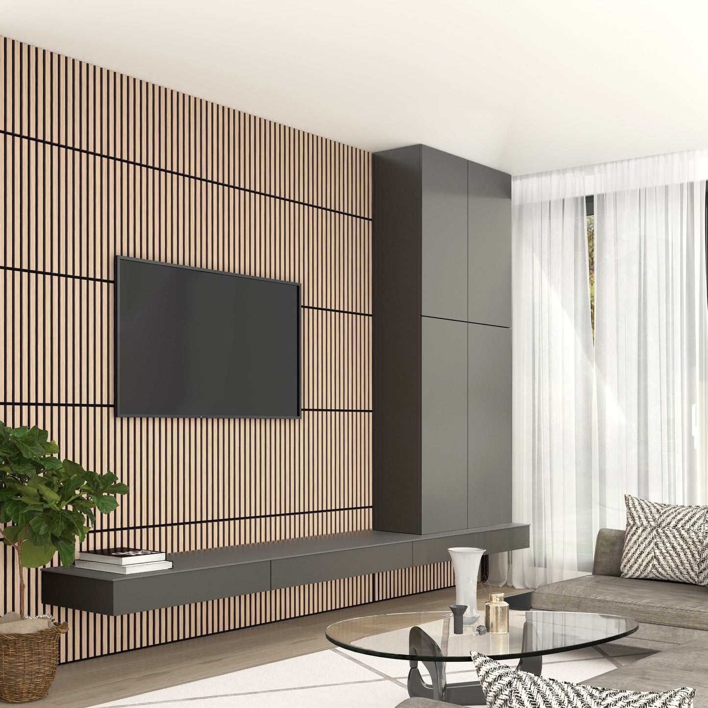 A modern living room features a TV on the Artika-CAN-dev Sonolok 15.5 ft sound-absorbing wall panel kit, floating cabinets, a round glass coffee table, gray sofa, potted plant, and sheer white curtains letting sunlight in.