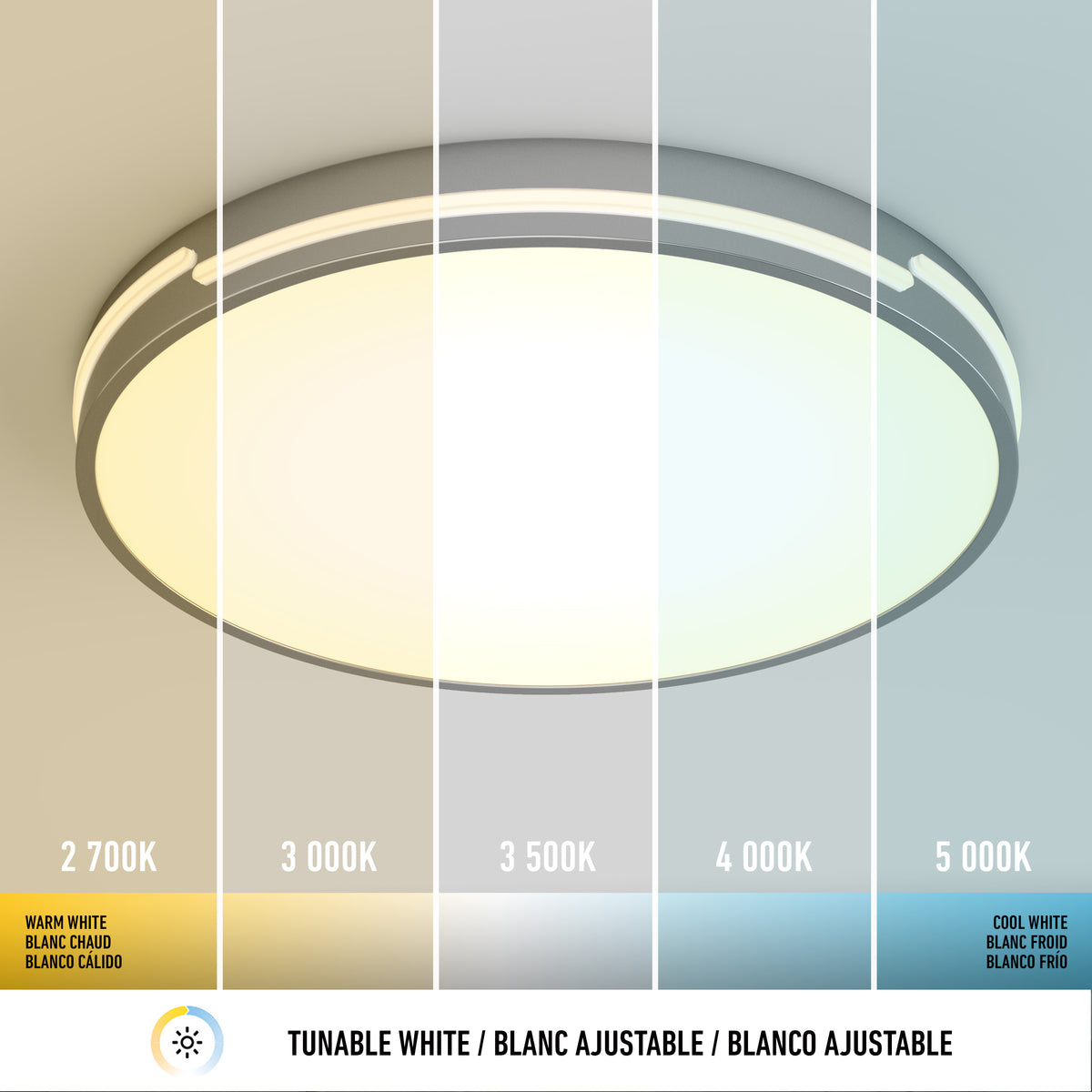 The Artika Delray 15.7 in. LED modern flush mount ceiling light features a matte black finish and five adjustable color temperatures (2,700K–5,000K), each segment labeled in English and French.