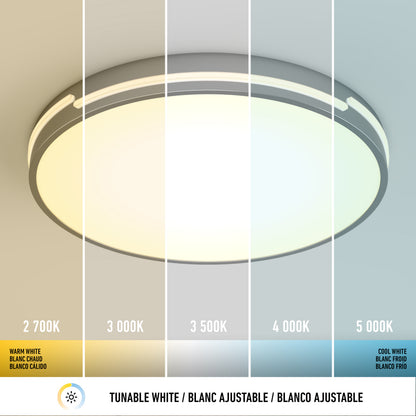 The Artika Delray 15.7 in. LED modern flush mount ceiling light features a matte black finish and five adjustable color temperatures (2,700K–5,000K), each segment labeled in English and French.