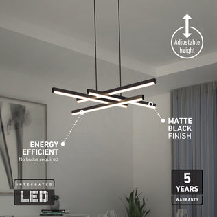 Artika Grid LED pendant light featuring four intersecting black bars, integrated LEDs, adjustable height, energy efficiency, and a warranty.
