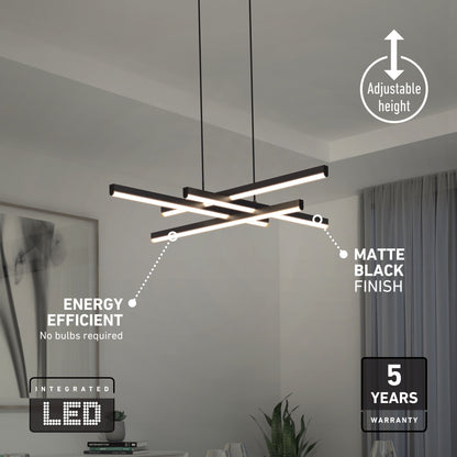 Artika Grid LED pendant light featuring four intersecting black bars, integrated LEDs, adjustable height, energy efficiency, and a warranty.