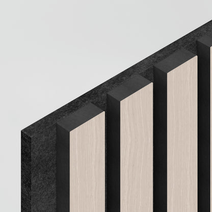 Close-up of the Artika Sonolok 15.5 ft sound-absorbing wall panel kit (4-pack) showing a minimalist design with alternating vertical strips of light wood and dark textured material, set against a light gray background from an angled perspective.