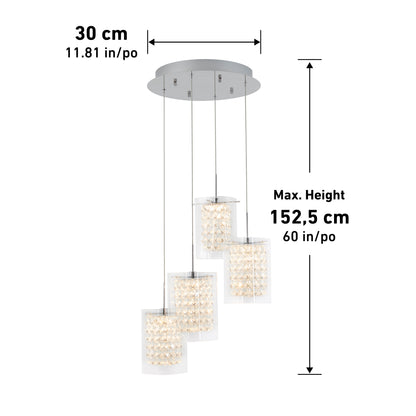 The Artika Crystal Cube 4-light LED pendant features crystal-like shades hanging at different lengths from a round mount. Dimensions: 30 cm (11.81 in) wide, max height 152.5 cm (60 in).