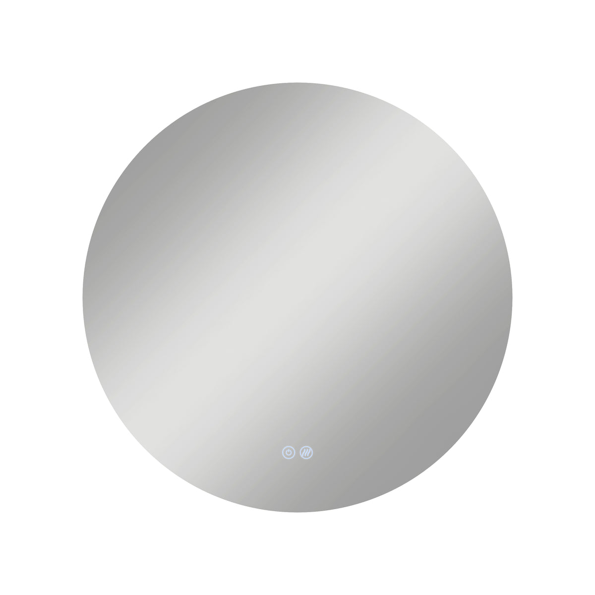 A round, frameless mirror with a subtle reflection and two small touch-sensitive icons at the bottom center, set against a plain white background.