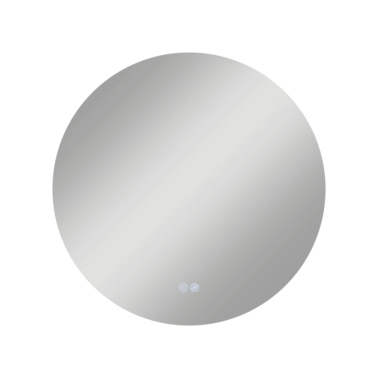The Artika Raya 24 in. LED mirror 3 CCT with defogger is a round, frameless mirror featuring subtle reflection and two small touch control icons at the bottom center, displayed on a white background.