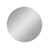 A round, frameless mirror with a subtle reflection and two small touch-sensitive icons at the bottom center, set against a plain white background.