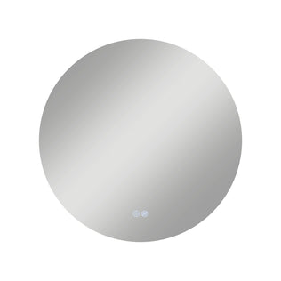 The Artika Raya 24 in. LED mirror features a round, frameless design with a smooth reflective surface, 3 CCT options, a defogger, and two small touch buttons at the bottom center, shown against a plain white background.