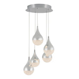 Modern ceiling light fixture with five silver teardrop-shaped pendants hanging at varying lengths, each containing sparkling, textured inner surfaces that diffuse the light.