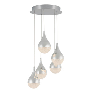 The Artika Glitzer 5-light LED pendant features five teardrop-shaped bulbs with metallic silver tops and textured, illuminated bottoms, all hanging from a round silver base for a modern ceiling lighting touch.