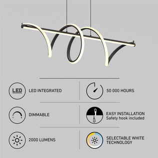 Artika Coda modern LED pendant light, 5 CCT, dimmable, 2000 lumens, 50,000 hrs; curved design ideal for kitchen islands.