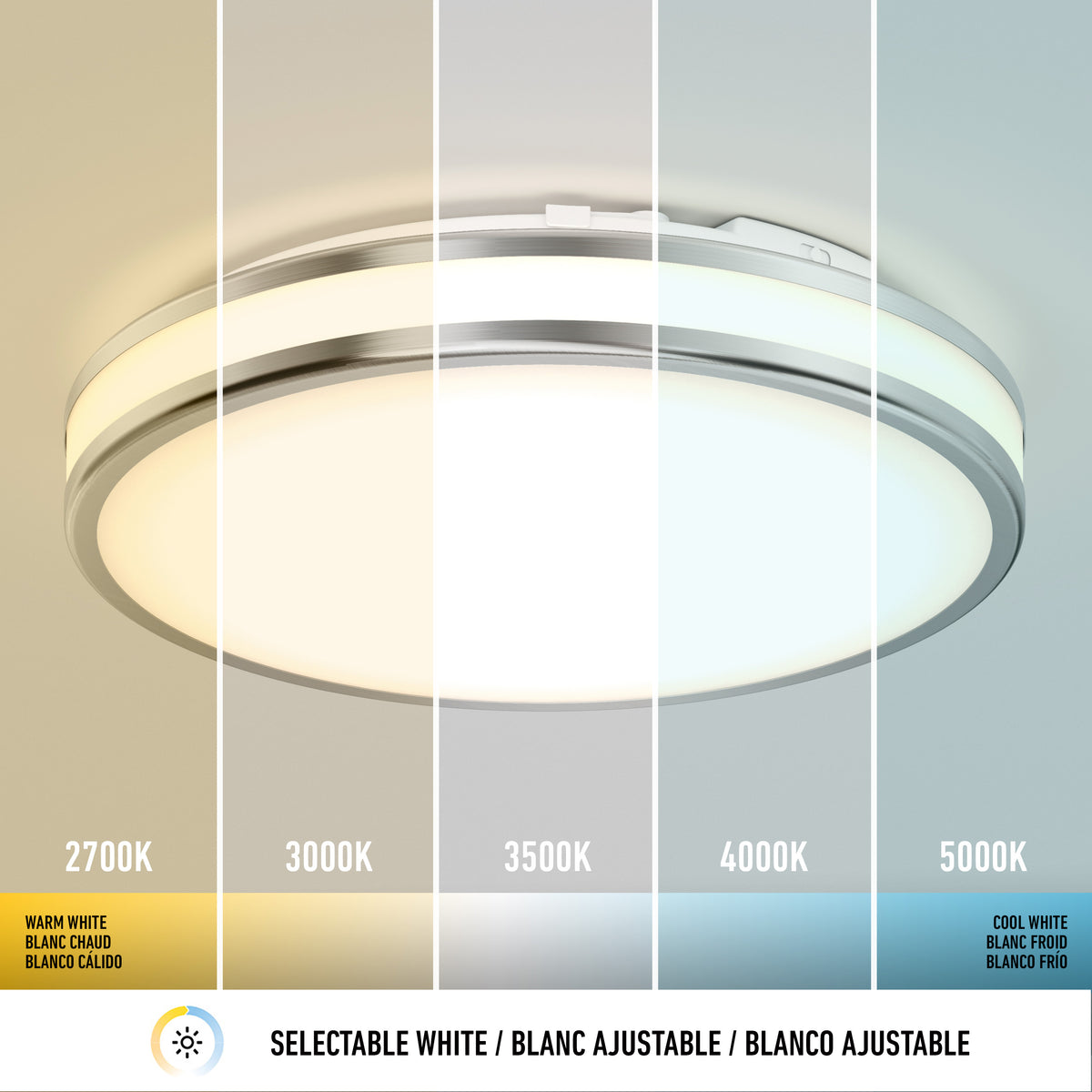 The Artika Hemisphere 15 in. LED flush mount light features selectable white color temperatures (2700K–5000K) in five sections, ideal for bathroom lighting. Label: “Selectable White / Blanc Ajustable / Blanco Ajustable.”.
