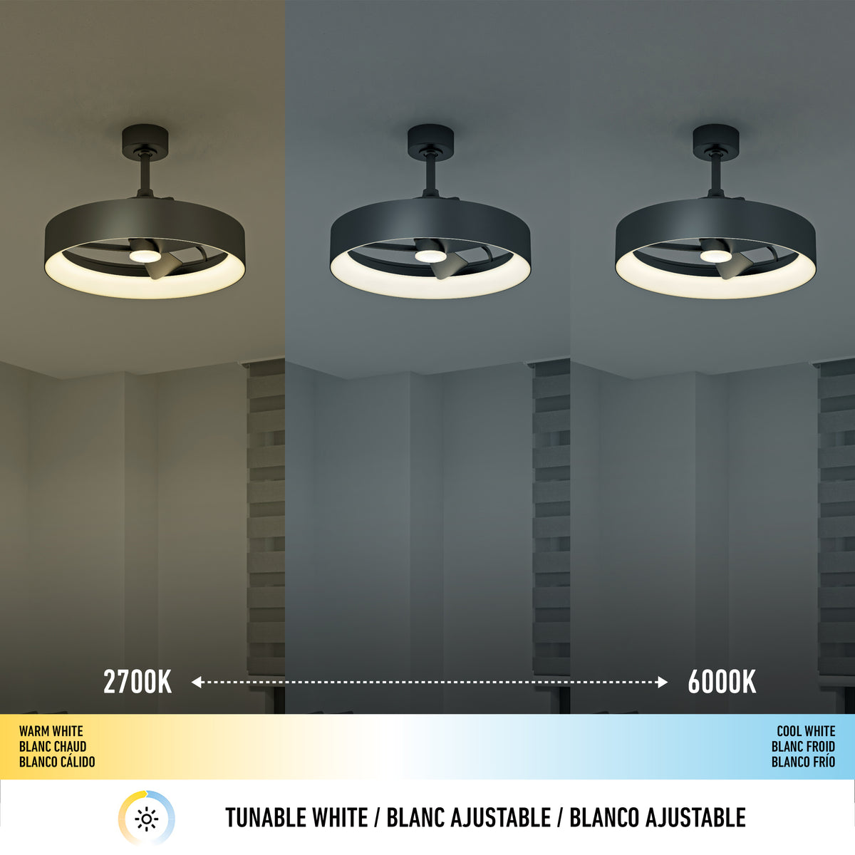 Three ceiling lights show a color temperature range from warm white (2700K) on the left to cool white (6000K) on the right, illustrating tunable white lighting options. Labels and icons appear at the bottom.