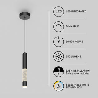 Artika Mist LED pendant light, a black cylindrical fixture with a bubble-glass base, dimmable settings, 50,000-hour life, and selectable color.