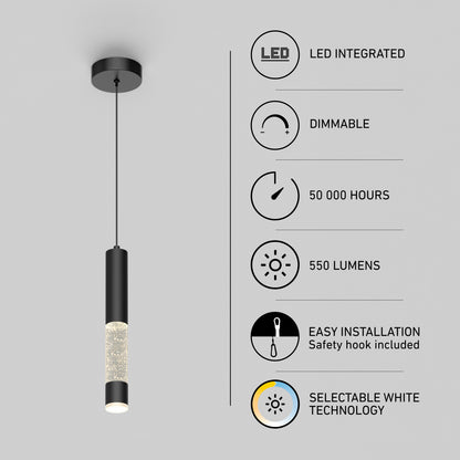 Artika Mist LED pendant light, a black cylindrical fixture with a bubble-glass base, dimmable settings, 50,000-hour life, and selectable color.