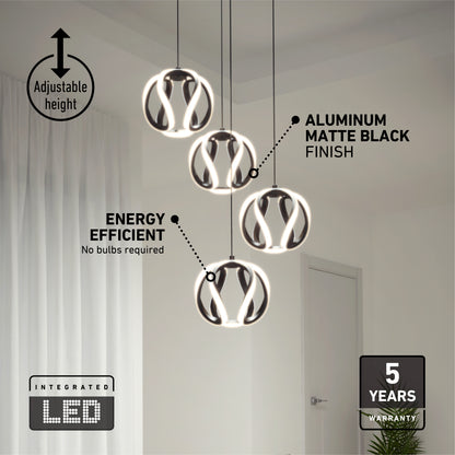 Four Vivaldi modern LED 4-light pendant 5 CCT lights with curved matte black frames and integrated rings, with labels for height and warranty.